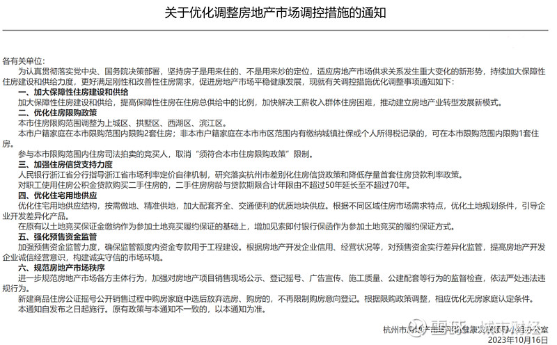 杭州优化调整房地产相关政策措施